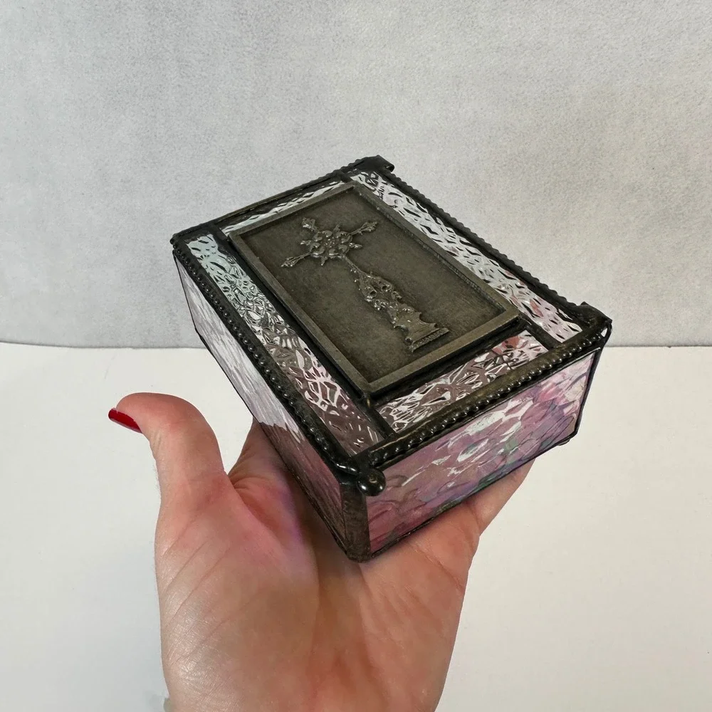 Vintage Stained Glass Trinket Box Iridescent Gothic Cross Pewter Finish 4x3x2